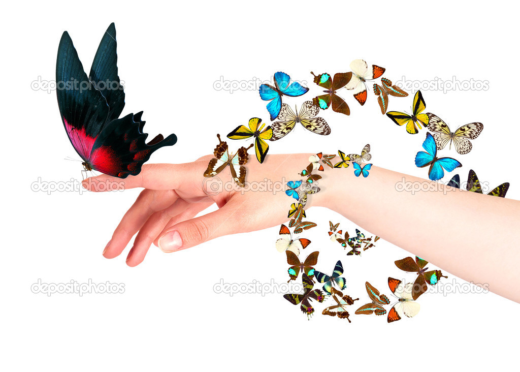 Butterfly on woman's hand. In motion