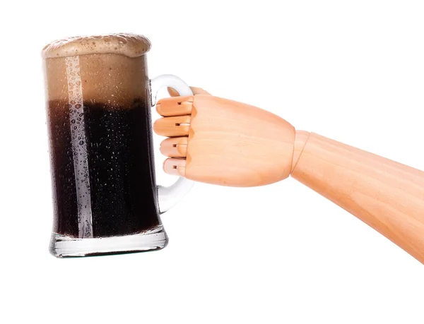 Beer with wooden hand making toast — Stock Photo, Image