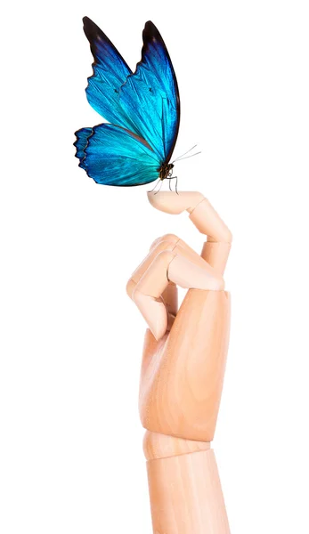 Butterfly on wooden hand. In motion — Stock Photo, Image