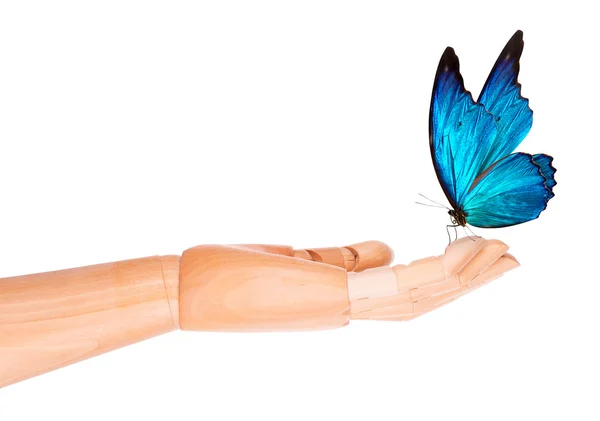 Butterfly on wooden hand. In motion — Stock Photo, Image