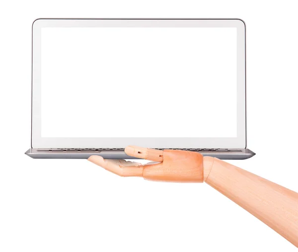 Laptop with wooden hand isolated — Stock Photo, Image