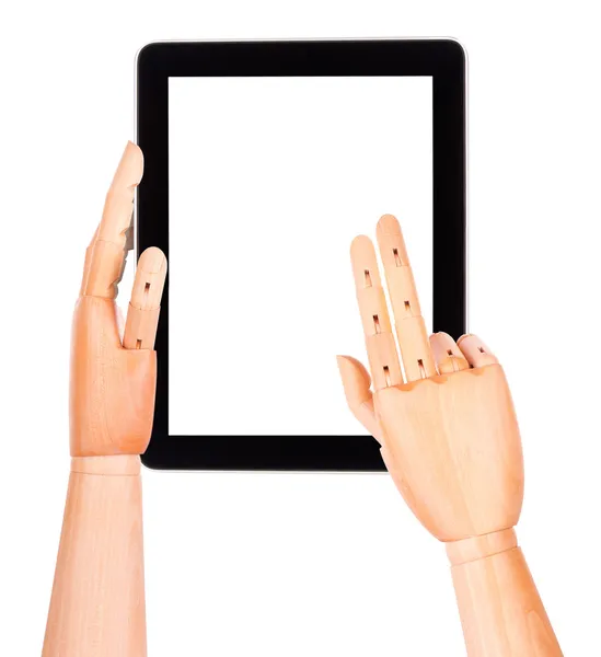 Tablet computer with wooden hand isolated — Stock Photo, Image