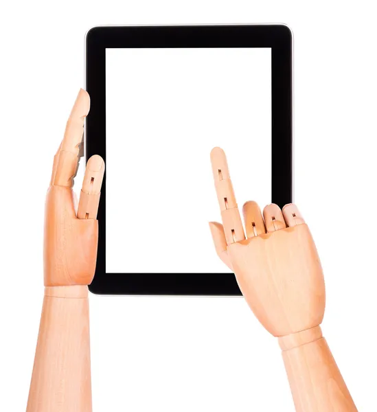 Tablet computer with wooden hand isolated — Stock Photo, Image