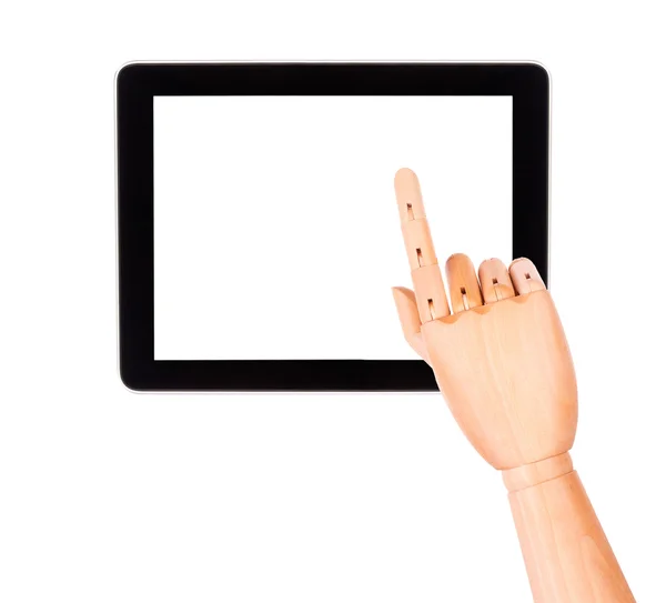 Tablet PC med trä hand isolerade — Stockfoto