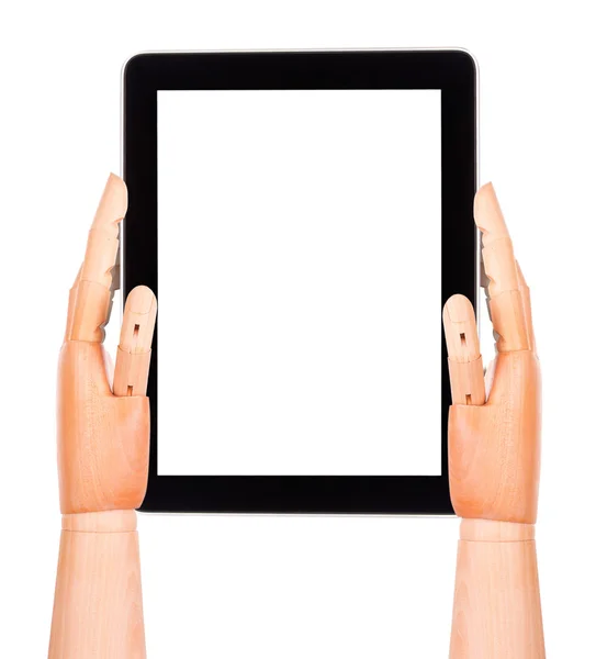 Tablet PC med trä hand isolerade — Stockfoto