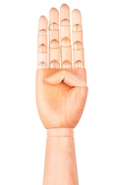 Wooden hand is showing  four fingers — Stock Photo, Image
