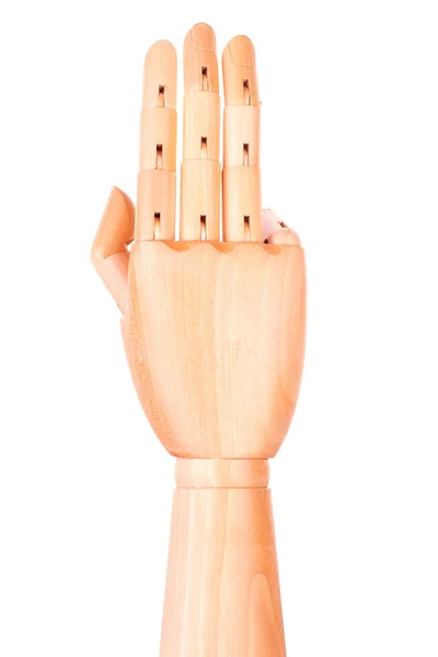 Wooden hand is showing  three fingers — Stock Photo, Image