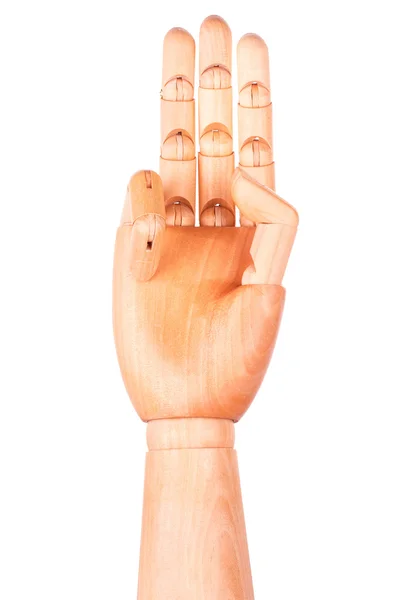 Holzhand zeigt drei Finger — Stockfoto