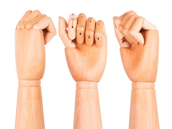 Closeup of right wooden hand - clenched fist — Stock Photo, Image