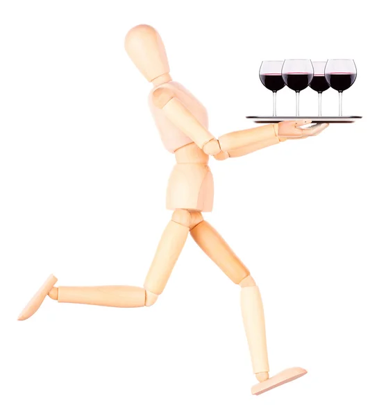 Wooden Dummy waiter with wine on tray — Stock Photo, Image