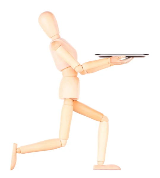 Wooden Dummy waiter with empty silver tray — Stock Photo, Image