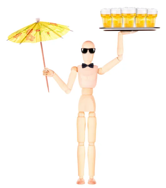 Houten dummy ober met bier op dienblad — Stockfoto