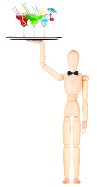 Wooden Dummy waiter with cocktail on tray — Stock Photo, Image