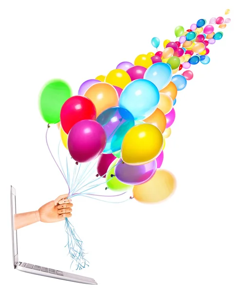 Деревянная рука с воздушными шарами и ноутбуком — стоковое фото