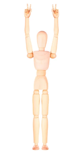 Wooden Dummy raising  with two fingers up — Stock Photo, Image