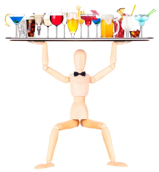 Wooden Dummy waiter with tray full of drinks — Stock Photo, Image