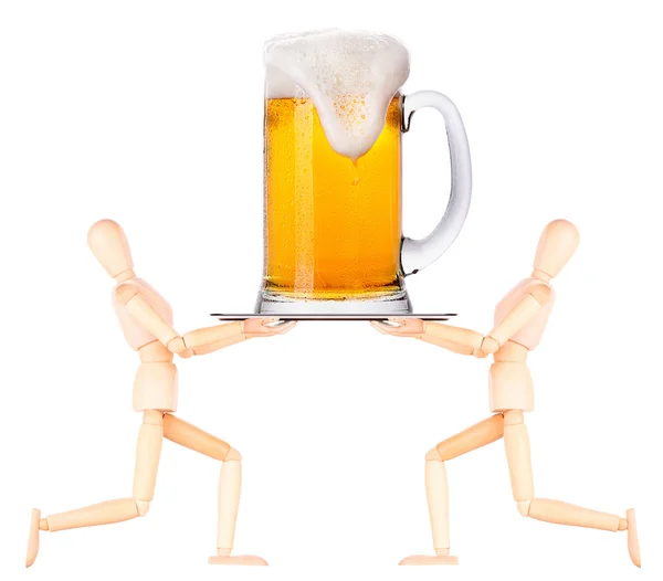 Wooden Dummy waiter with beer on tray — Stock Photo, Image