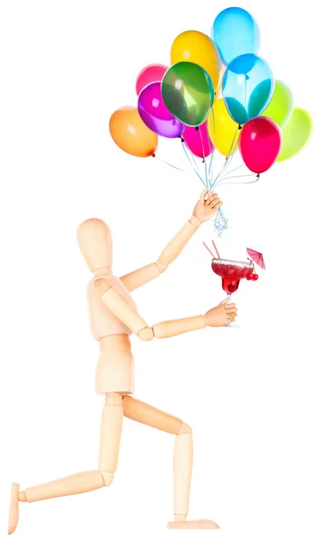 Alkol kokteyli ve balon ile tahta kukla — Stok fotoğraf