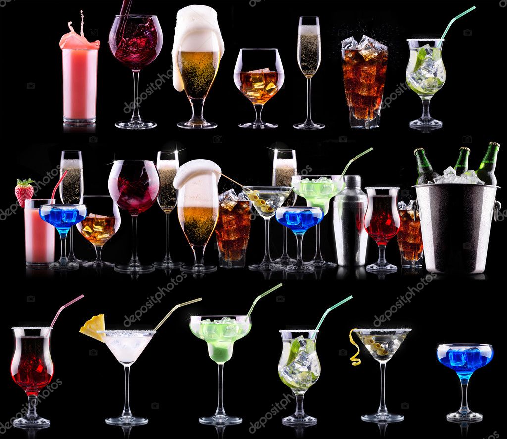 Different alcohol drinks set  - beer, wine, cocktail,juice, champagne, scotch, soda