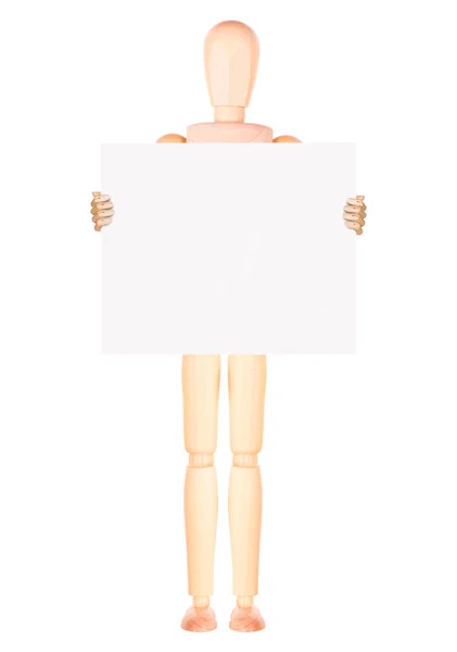 Wooden Dummy businessman with empty banner — Stock Photo, Image