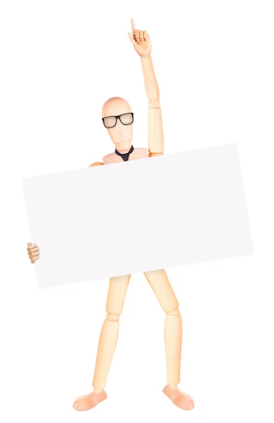 Wooden Dummy businessman with empty banner — Stock Photo, Image