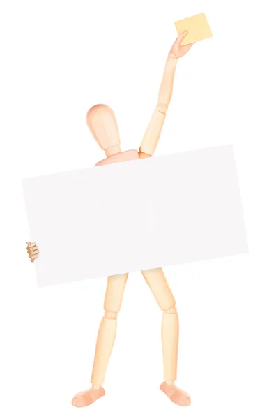 Wooden Dummy businessman with empty banner — Stock Photo, Image