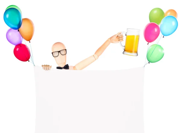 Zakenman met banner, ballonnen en bier — Stockfoto