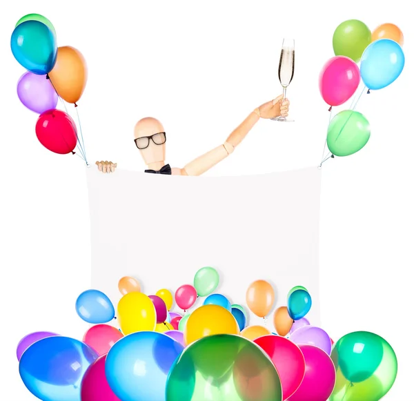 Hombre de negocios con bandera, globos y champán — Foto de Stock