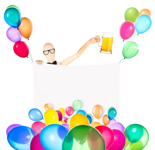 Businessman with banner, balloons and beer — Stock Photo, Image