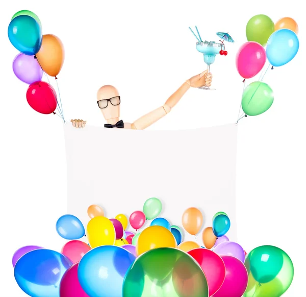 Businessman with banner, balloons and cocktail — Stock Photo, Image