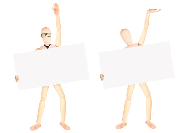 Wooden Dummy businessman with empty banner — Stock Photo, Image