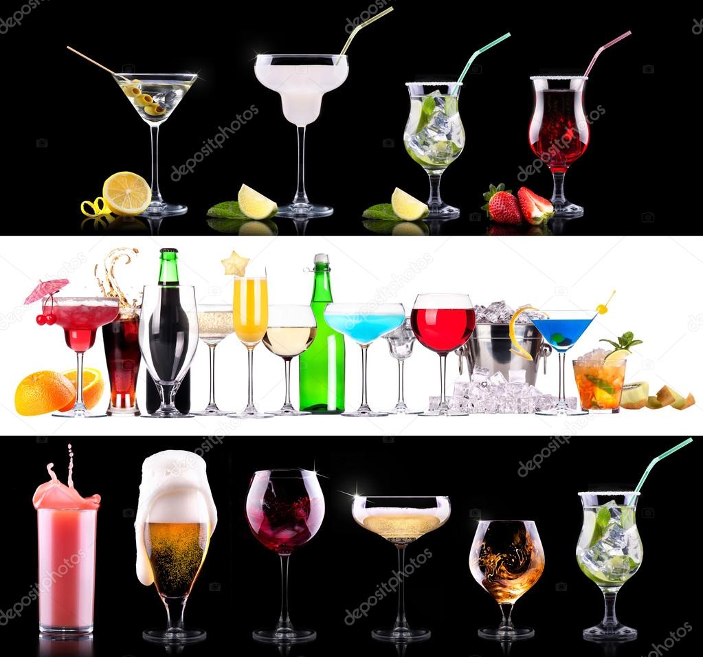 different alcohol drinks set