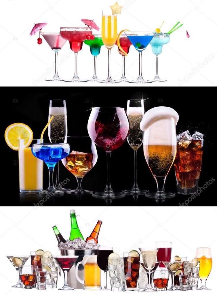 Set of different alcoholic drinks and cocktails