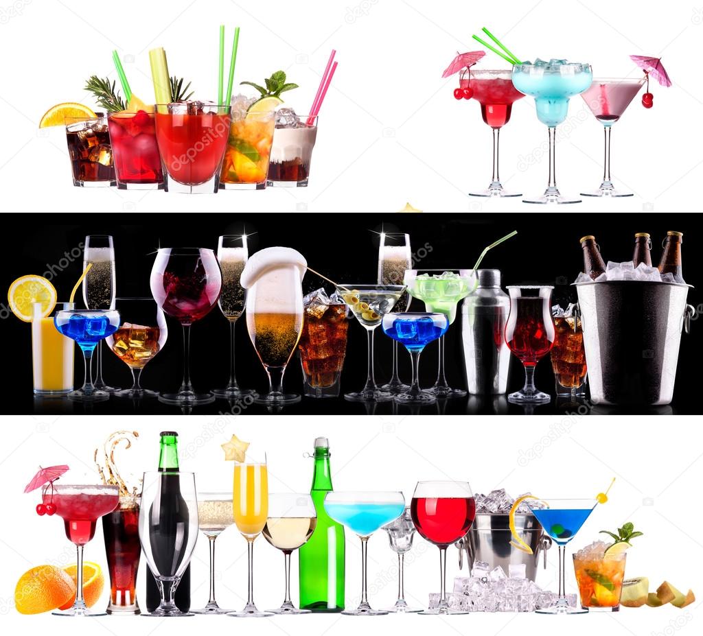 Set of different alcoholic drinks and cocktails