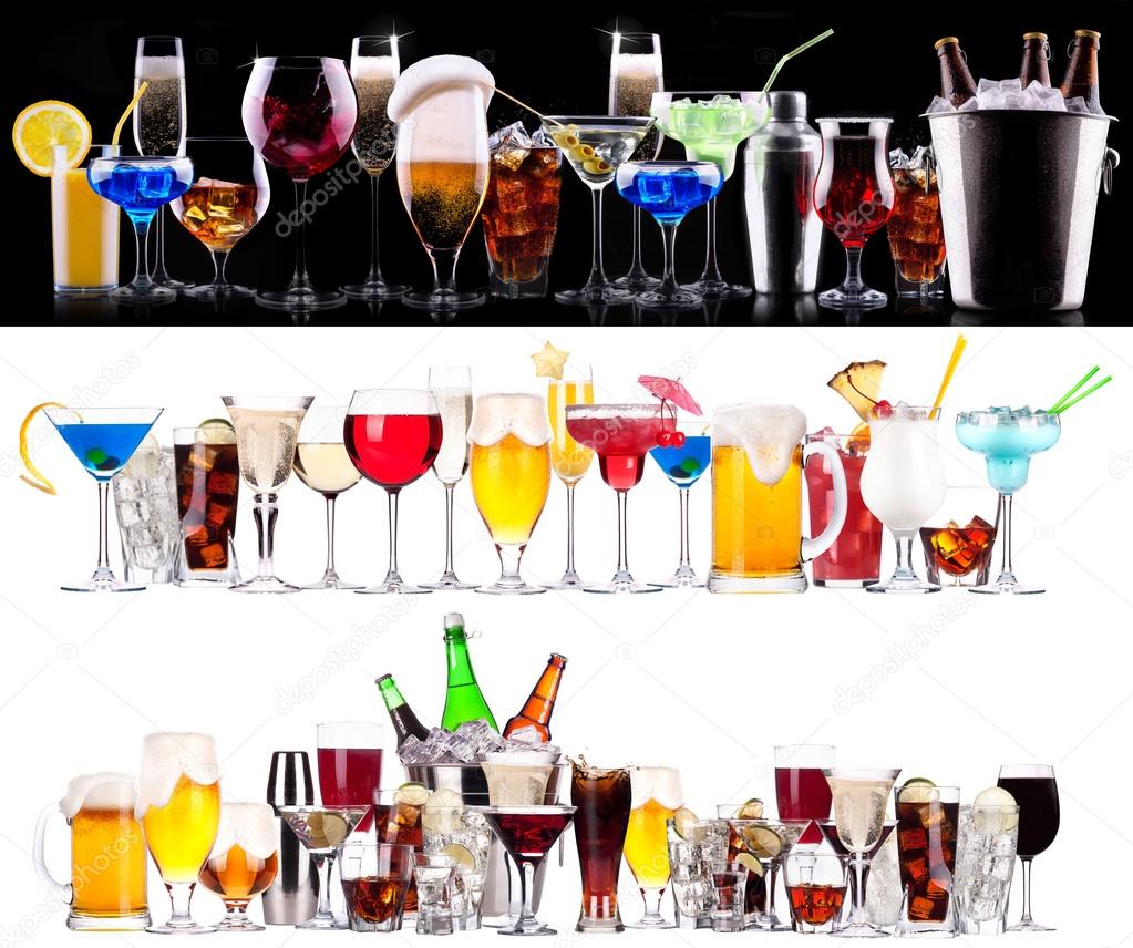 Set of different alcoholic drinks and cocktails