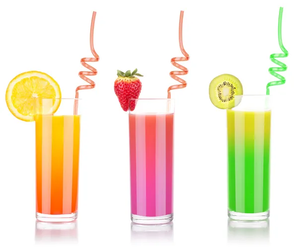 Välsmakande sommarfrukt drycker i glas med färgstänk — Stockfoto