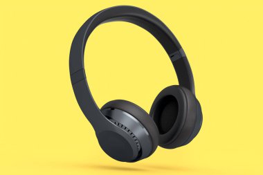 Oyun kulaklıkları ve müzik ekipmanları konsepti sarı arka planda izole edildi.