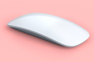 Pembe arka planda dokunuşu izole edilmiş gerçekçi beyaz kablosuz bilgisayar faresi.