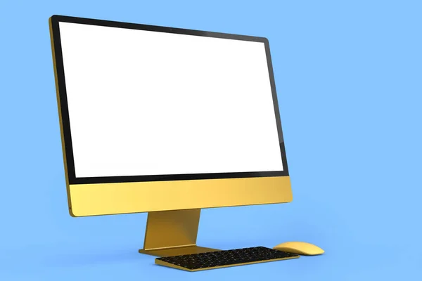 Realistisches goldenes Computerbildschirmdisplay mit Tastatur und Maus isoliert auf blau — Stockfoto