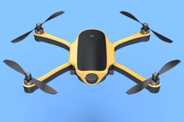 Mavi üzerine izole hareket kamera ile uçan fotoğraf ve video drone veya dörtlü helikopter