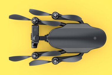 Uçan fotoğraf ve video uzaktan kumandalı helikopter ve sarı renkli aksiyon kamerası.