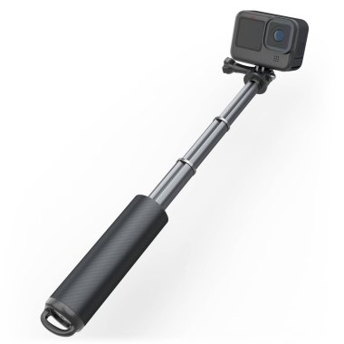Fotoğraf ve video hafif siyah aksiyon kamerası ve beyaz selfie çubuğu.