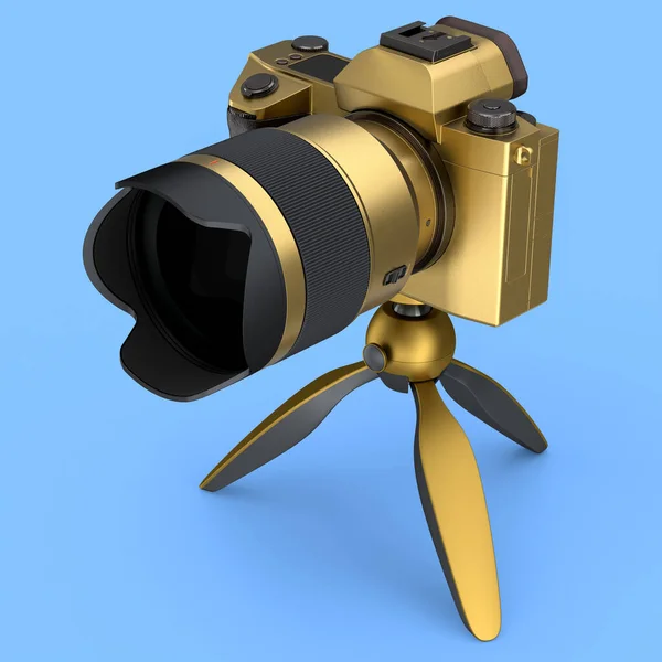 Concepto de cámara DSLR de oro inexistente con trípode aislado en azul. — Foto de Stock