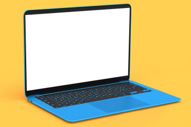 Turuncu arkaplanda boş beyaz ekran görüntüsü olan gerçekçi mavi alüminyum laptop. Ev stüdyosu çalışma alanı için 3D taşınabilir bilgisayar görüntüleme