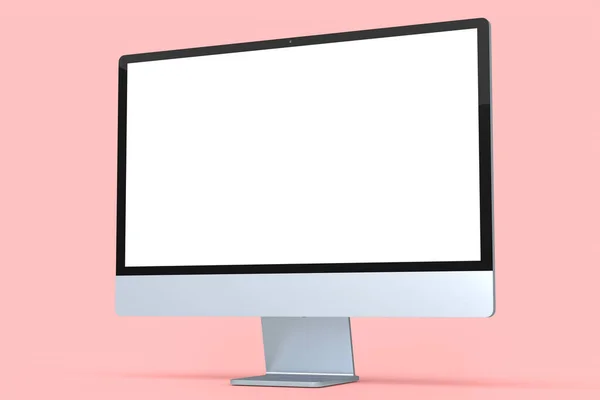 Realistisches Graues Computerbildschirmdisplay Mit Tastatur Und Maus Isoliert Auf Rosa — Stockfoto