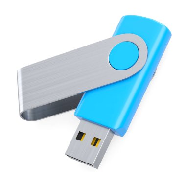 Taşınabilir mavi USB flaş bellek beyaz arkaplanda izole edildi. Ev işi stüdyo çalışma alanı için 3 boyutlu aksesuar hazırlama