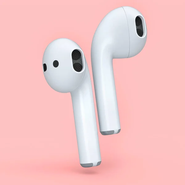 无线蓝牙白色耳机隔离在粉色背景 3D渲染配件 用于聆听音乐或远离家乡的作品 — 图库照片