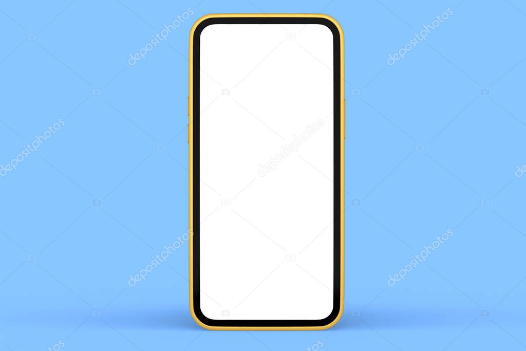 Realistic gold smartphone with blank white screen isolated on blue background. 3D rendering of phone template for presentation and tool for compact workspace