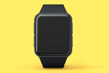 Sarı arka planda siyah deri kayışı olan paslanmaz gümüş akıllı saat. Giyilebilir aygıt sağlığı ve fitness izleyicisi için 3B yorumlama kavramı