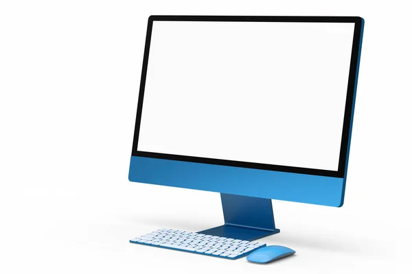 Realistisches Blaues Computerdisplay Mit Tastatur Und Maus Isoliert Auf Weißem — Stockfoto